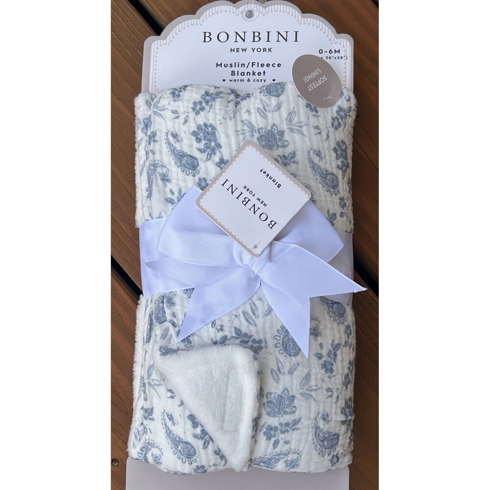 BONBINI Cotton Muslin Baby Blanket Blue Paisley Floral Soft Lining White New